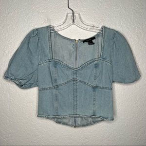 FOREVER 21 DENIM Jean ZIP UP CROPPED TOP Short Sleeve Small Sweetheart Cotton
